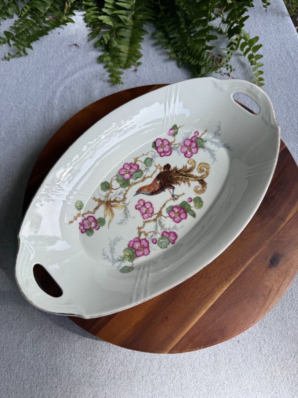 Vintage German Porcelain Oval Serving Dish, Bird of Paradise and Floral Design